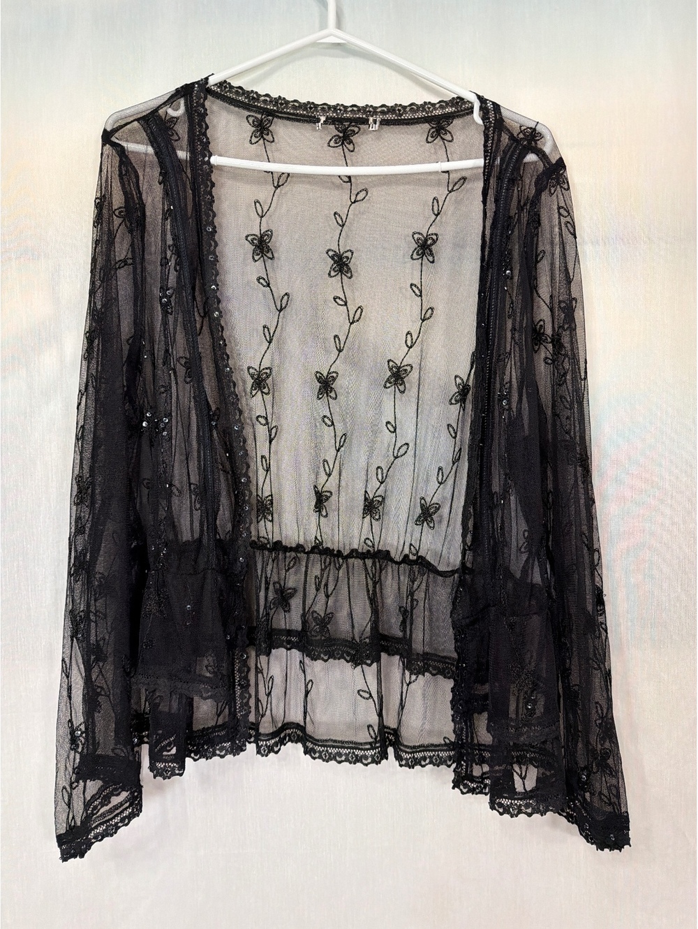 Vintage Whimsigoth Black Sheer Lace Cardigan Y2K Women's Large